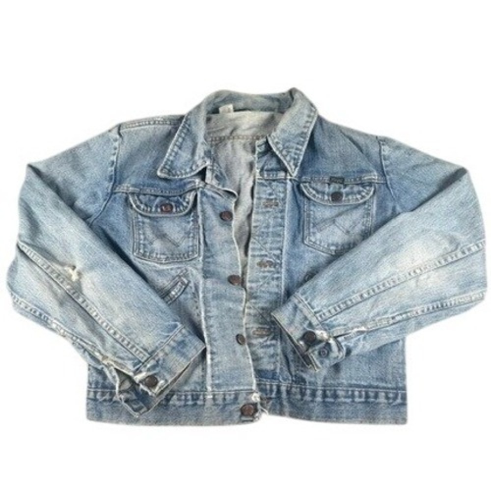 Wrangler Denim Jacket Mens L Vintage Made in USA Light Wash Distressed Trucker